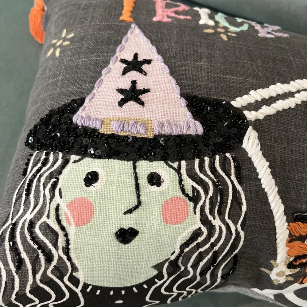 Feelin Spooky Large Halloween Pillow Trick Or Treat Witch Skeleton NWT 14